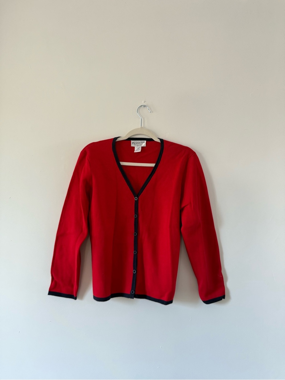 Pendleton Red Navy Trim Cardigan Sweater Carolyn Bessette Inspired Quiet Luxury